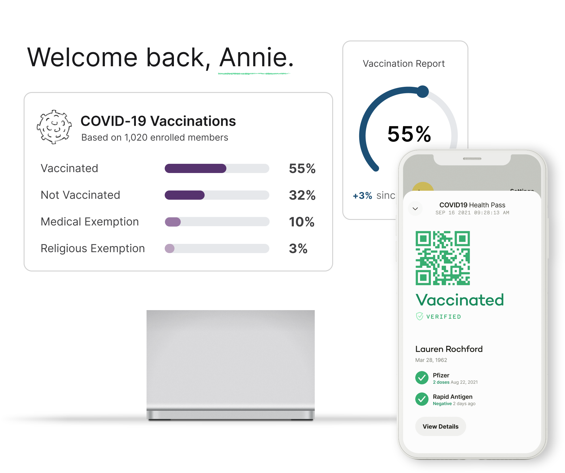 Custom vaccine and testing dashboard and mobile view of an employee’s vaccination records