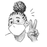 Illustration of a young person wearing a face mask and making the peace sign with their hand.