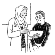 Illustration of a doctor and patient discussing the patient’s care.
