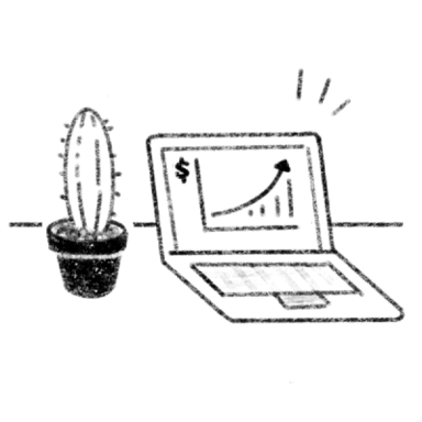 Illustration of a small plant and an open laptop with a positive growth graph on the screen.