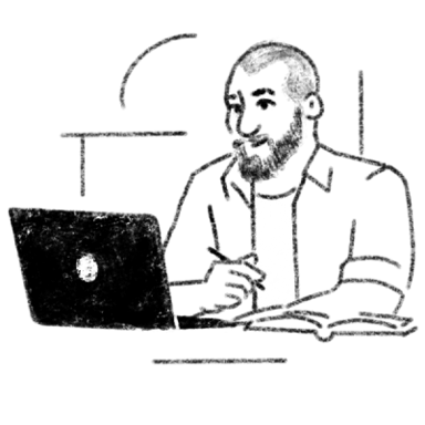 Illustration of a person sitting in front of their laptop taking notes.