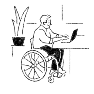 Illustration of a person in a wheelchair, sitting at a table, working on their laptop.