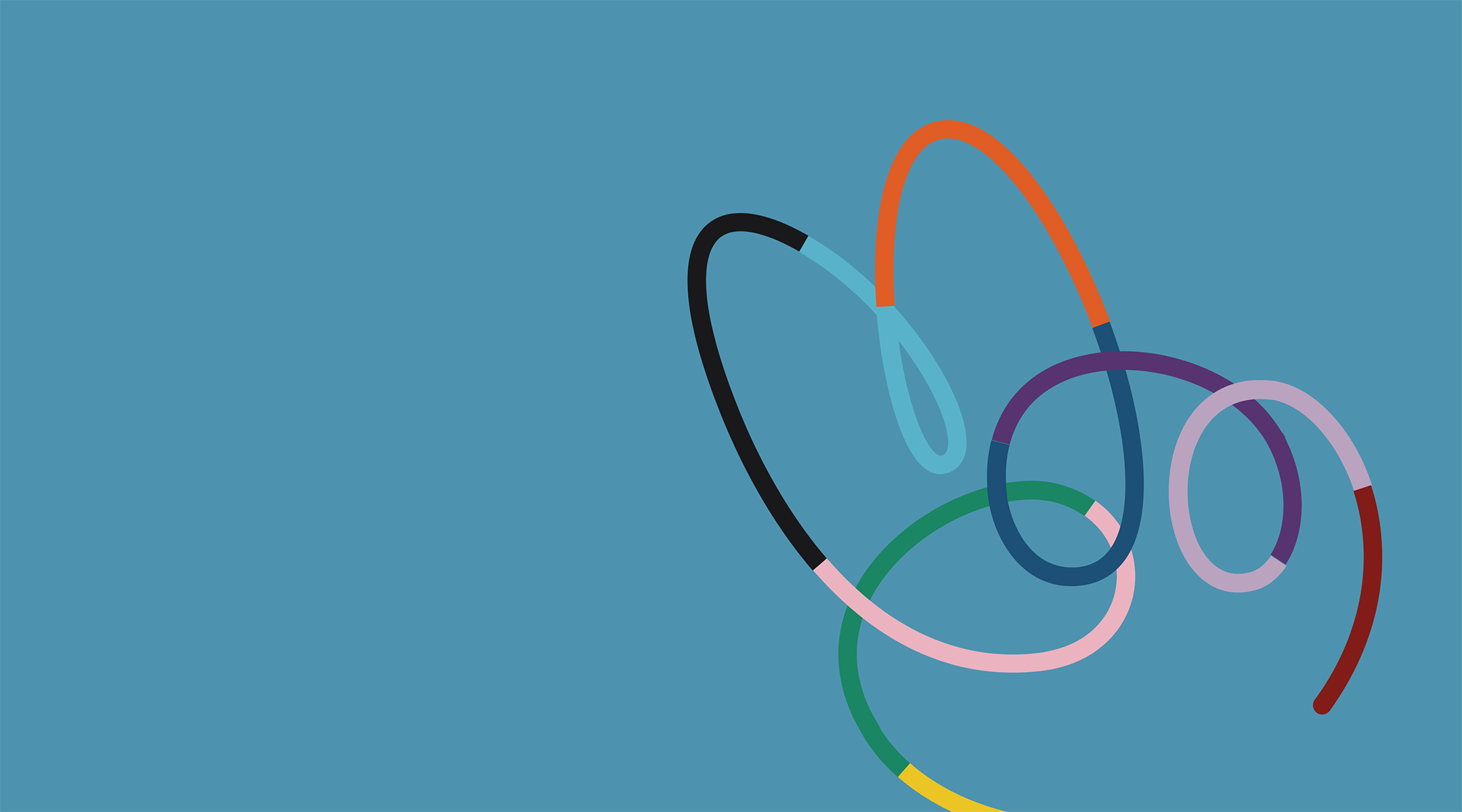 Abstract curved lines in various colors on a light blue background.