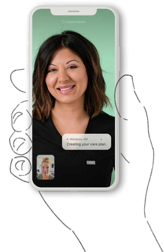 An illustration of a mobile phone during a virtual appointment with a Carbon Health provider, who is smiling.