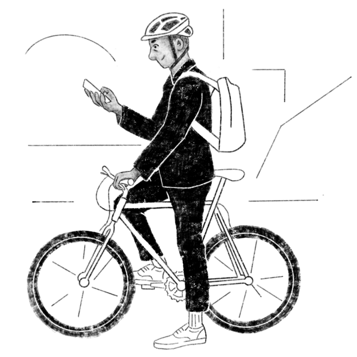 Illustration of a person standing with their bicycle, while looking at their phone.